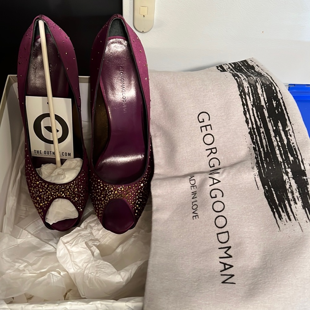 Georgina Goodman high heeled open toe satin plum sandal with gold rhinestones